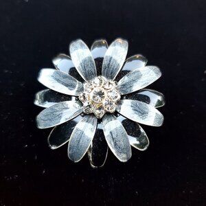 Vintage Silver Tone Flower Enamel Petals Pin Brooch Rhinestone Black